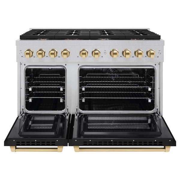 ZLINE Autograph Edition 48 in. 6.7 cu. ft. Paramount Double Oven Dual Fuel Range with 8 Burner Gas Cooktop in Satin Stainless Steel with Black Matte Doors and Polished Gold Accents, Open Box-Good Condition