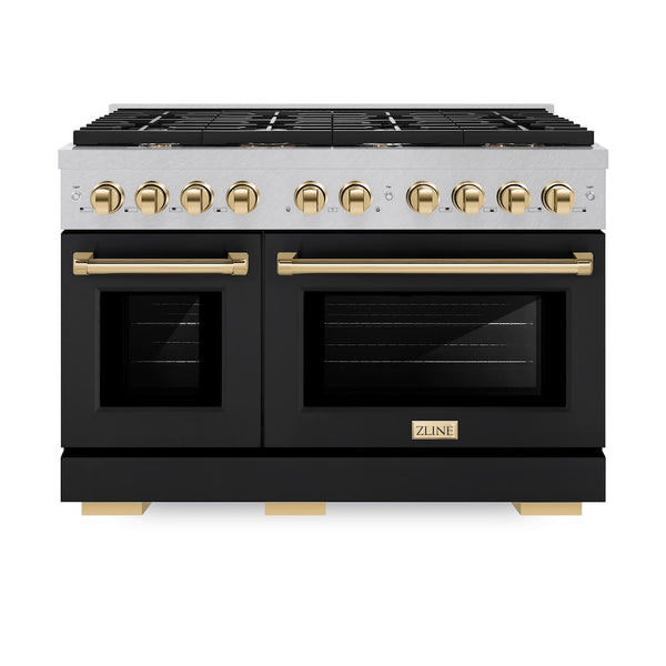 ZLINE Autograph Edition 48 in. 6.7 cu. ft. Paramount Double Oven Dual Fuel Range with 8 Burner Gas Cooktop in Satin Stainless Steel with Black Matte Doors and Polished Gold Accents, Open Box-Great Condition