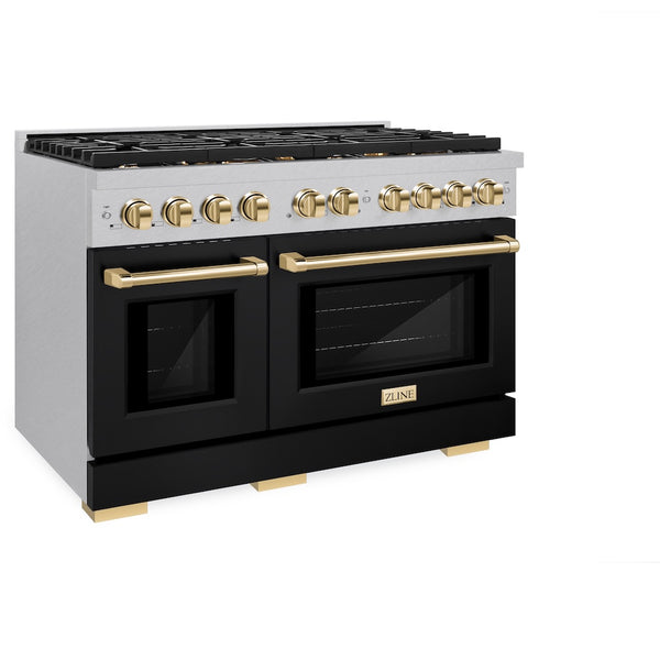 ZLINE Autograph Edition 48 in. 6.7 cu. ft. Paramount Double Oven Dual Fuel Range with 8 Burner Gas Cooktop in Satin Stainless Steel with Black Matte Doors and Polished Gold Accents, Open Box-Great Condition