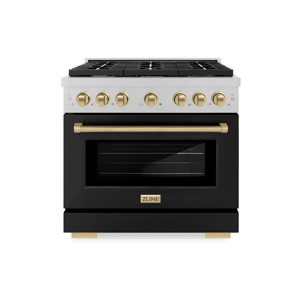 ZLINE Autograph Edition 36 in. 5.2 cu. ft. Paramount Gas Range with 6 Burner Cooktop and Convection Gas Oven in Satin Stainless Steel with Black Matte Door and Champagne Bronze Accents, Open Box-Great Condition