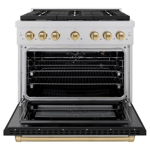 ZLINE Autograph Edition 36 in. 5.2 cu. ft. Paramount Gas Range with 6 Burner Cooktop and Convection Gas Oven in Satin Stainless Steel with Black Matte Door and Champagne Bronze Accents, Open Box-Good Condition