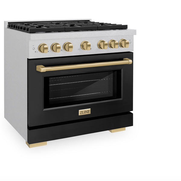 ZLINE Autograph Edition 36 in. 5.2 cu. ft. Paramount Gas Range with 6 Burner Cooktop and Convection Gas Oven in Satin Stainless Steel with Black Matte Door and Champagne Bronze Accents, Open Box-Great Condition