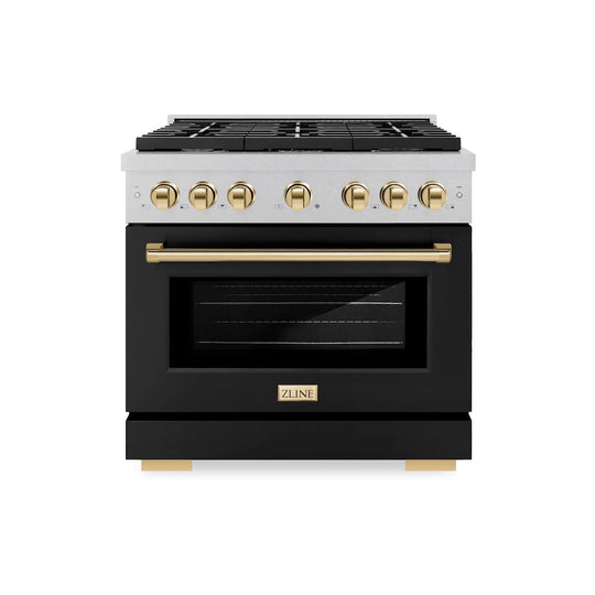 ZLINE Autograph Edition 36 in. 5.2 cu. ft. Paramount Gas Range with 6 Burner Cooktop and Convection Gas Oven in Satin Stainless Steel with Black Matte Door and Polished Gold Accents, Open Box-Good Condition