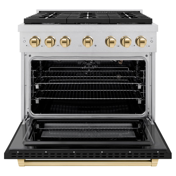 ZLINE Autograph Edition 36 in. 5.2 cu. ft. Paramount Gas Range with 6 Burner Cooktop and Convection Gas Oven in Satin Stainless Steel with Black Matte Door and Polished Gold Accents, Open Box-Good Condition