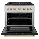 ZLINE Autograph Edition 36 in. 5.2 cu. ft. Paramount Gas Range with 6 Burner Cooktop and Convection Gas Oven in Satin Stainless Steel with Black Matte Door and Polished Gold Accents, Open Box-Great Condition