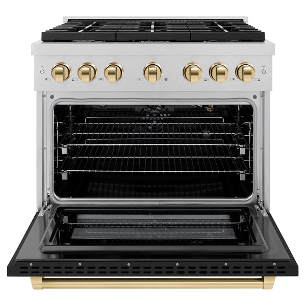 ZLINE Autograph Edition 36 in. 5.2 cu. ft. Paramount Gas Range with 6 Burner Cooktop and Convection Gas Oven in Satin Stainless Steel with Black Matte Door and Polished Gold Accents, Open Box-Great Condition