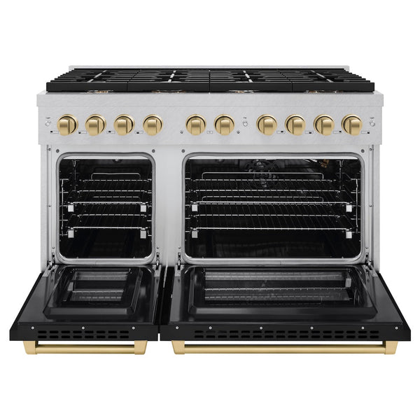 ZLINE Autograph Edition 48 in. 6.7 cu. ft. Paramount Double Oven Gas Range with 8 Burner Cooktop in Satin Stainless Steel with Black Matte Doors and Champagne Bronze Accents, Open Box-Good Condition