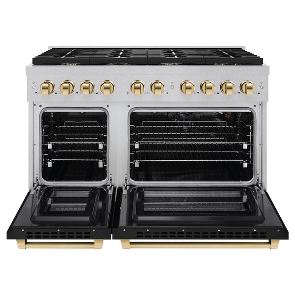 ZLINE Autograph Edition 48 in. 6.7 cu. ft. Paramount Double Oven Gas Range with 8 Burner Cooktop in Satin Stainless Steel with Black Matte Doors and Polished Gold Accents, Open Box-Good Condition