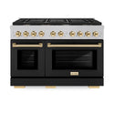 ZLINE Autograph Edition 48 in. 6.7 cu. ft. Paramount Double Oven Gas Range with 8 Burner Cooktop in Satin Stainless Steel with Black Matte Doors and Polished Gold Accents, Open Box-Good Condition