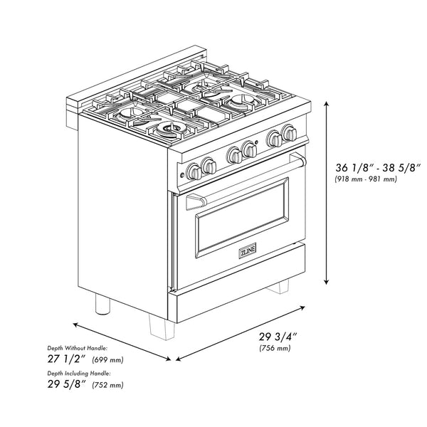 ZLINE Autograph Edition 30 in. 4.0 cu. ft. Legacy Dual Fuel Range with 4 Burner Gas Cooktop and Electric Convection Oven in Satin Stainless Steel and Champagne Bronze Accents, Open Box-Great Condition