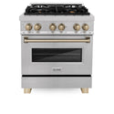 ZLINE Autograph Edition 30 in. 4.0 cu. ft. Legacy Dual Fuel Range with 4 Burner Gas Cooktop and Electric Convection Oven in Satin Stainless Steel and Champagne Bronze Accents, Open Box-Great Condition
