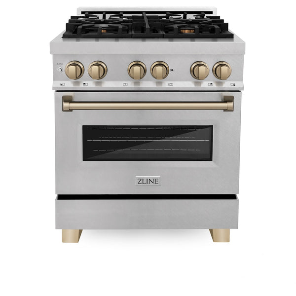ZLINE Autograph Edition 30 in. 4.0 cu. ft. Legacy Dual Fuel Range with 4 Burner Gas Cooktop and Electric Convection Oven in Satin Stainless Steel and Champagne Bronze Accents, Open Box-Great Condition