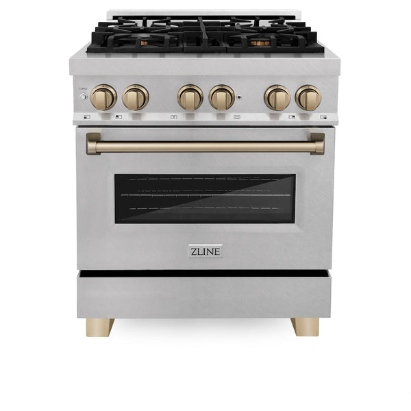 ZLINE Autograph Edition 30 in. 4.0 cu. ft. Legacy Dual Fuel Range with 4 Burner Gas Cooktop and Electric Convection Oven in Satin Stainless Steel and Champagne Bronze Accents, Open Box-Good Condition