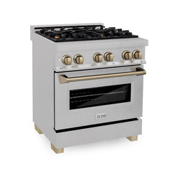 ZLINE Autograph Edition 30 in. 4.0 cu. ft. Legacy Dual Fuel Range with 4 Burner Gas Cooktop and Electric Convection Oven in Satin Stainless Steel and Champagne Bronze Accents, Open Box-Great Condition