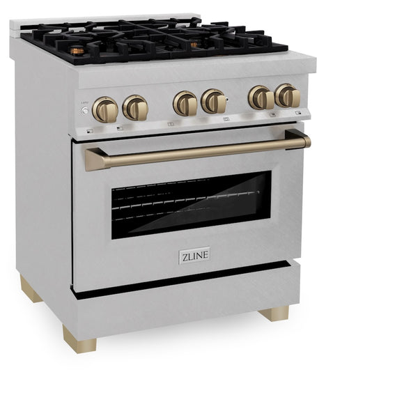 ZLINE Autograph Edition 30 in. 4.0 cu. ft. Legacy Dual Fuel Range with 4 Burner Gas Cooktop and Electric Convection Oven in Satin Stainless Steel and Champagne Bronze Accents, Open Box-Great Condition