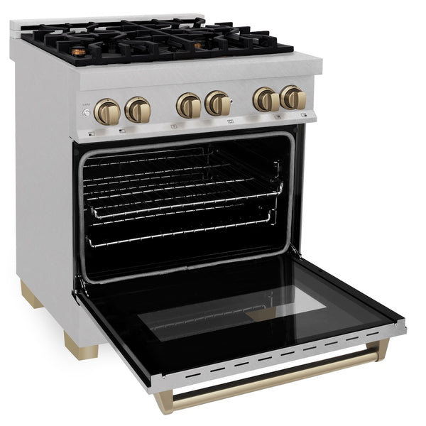 ZLINE Autograph Edition 30 in. 4.0 cu. ft. Legacy Dual Fuel Range with 4 Burner Gas Cooktop and Electric Convection Oven in Satin Stainless Steel and Champagne Bronze Accents, Open Box-Great Condition