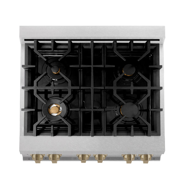 ZLINE Autograph Edition 30 in. 4.0 cu. ft. Legacy Dual Fuel Range with 4 Burner Gas Cooktop and Electric Convection Oven in Satin Stainless Steel and Champagne Bronze Accents (RASZ-SN-30-CB)