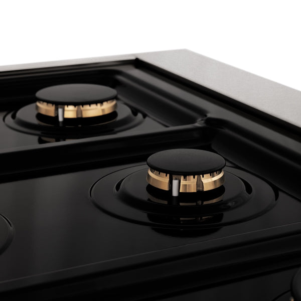 ZLINE Autograph Edition 30 in. 4.0 cu. ft. Legacy Dual Fuel Range with 4 Burner Gas Cooktop and Electric Convection Oven in Satin Stainless Steel and Polished Gold Accents, Open Box-Great Condition