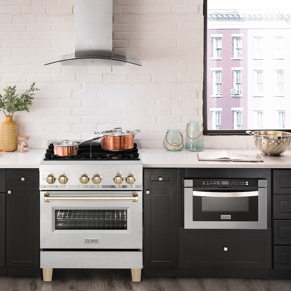 ZLINE Autograph Edition 30 in. 4.0 cu. ft. Legacy Dual Fuel Range with 4 Burner Gas Cooktop and Electric Convection Oven in Satin Stainless Steel and Polished Gold Accents, Open Box-Great Condition
