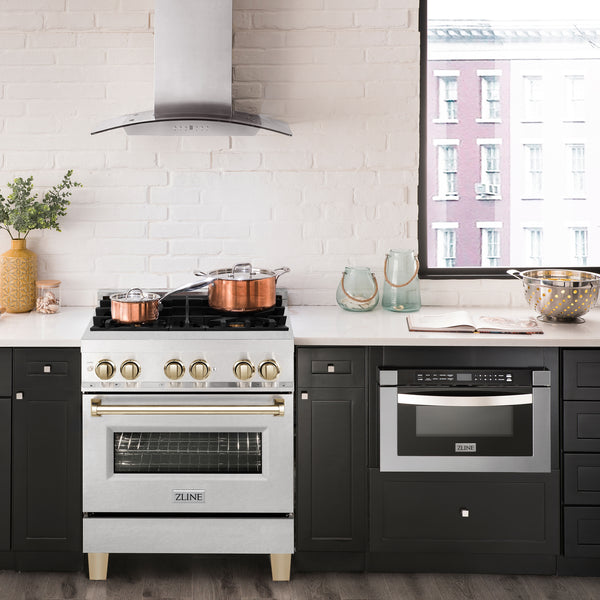 ZLINE Autograph Edition 30 in. 4.0 cu. ft. Legacy Dual Fuel Range with 4 Burner Gas Cooktop and Electric Convection Oven in Satin Stainless Steel and Polished Gold Accents (RASZ-SN-30-G)