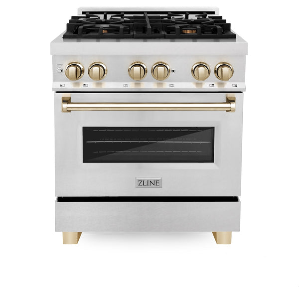 ZLINE Autograph Edition 30 in. 4.0 cu. ft. Legacy Dual Fuel Range with 4 Burner Gas Cooktop and Electric Convection Oven in Satin Stainless Steel and Polished Gold Accents, Open Box-Great Condition