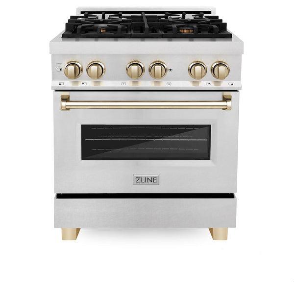 ZLINE Autograph Edition 30 in. 4.0 cu. ft. Legacy Dual Fuel Range with 4 Burner Gas Cooktop and Electric Convection Oven in Satin Stainless Steel and Polished Gold Accents, Open Box-Good Condition