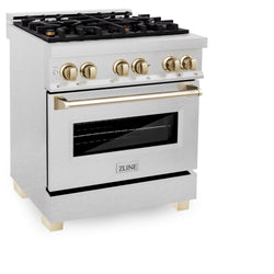ZLINE Autograph Edition 30 in. 4.0 cu. ft. Legacy Dual Fuel Range with 4 Burner Gas Cooktop and Electric Convection Oven in Satin Stainless Steel and Polished Gold Accents (RASZ-SN-30-G)