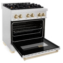 ZLINE Autograph Edition 30 in. 4.0 cu. ft. Legacy Dual Fuel Range with 4 Burner Gas Cooktop and Electric Convection Oven in Satin Stainless Steel and Polished Gold Accents, Open Box-Great Condition