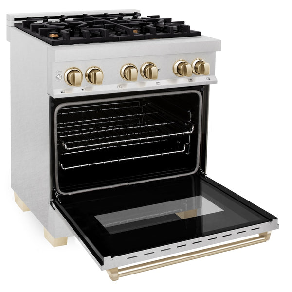ZLINE Autograph Edition 30 in. 4.0 cu. ft. Legacy Dual Fuel Range with 4 Burner Gas Cooktop and Electric Convection Oven in Satin Stainless Steel and Polished Gold Accents, Open Box-Great Condition