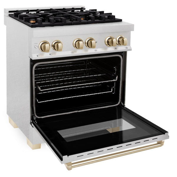 ZLINE Autograph Edition 30 in. 4.0 cu. ft. Legacy Dual Fuel Range with 4 Burner Gas Cooktop and Electric Convection Oven in Satin Stainless Steel and Polished Gold Accents, Open Box-Good Condition