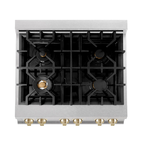 ZLINE Autograph Edition 30 in. 4.0 cu. ft. Legacy Dual Fuel Range with 4 Burner Gas Cooktop and Electric Convection Oven in Satin Stainless Steel and Polished Gold Accents, Open Box-Great Condition