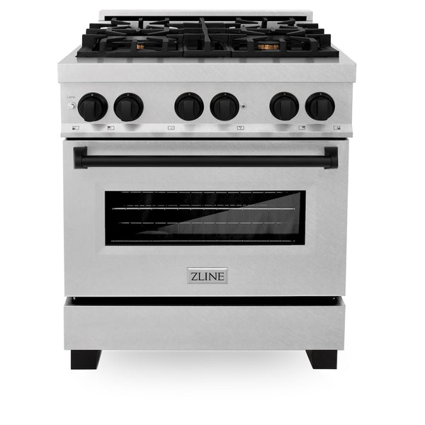 ZLINE Autograph Edition 30 in. 4.0 cu. ft. Legacy Dual Fuel Range with 4 Burner Gas Cooktop and Electric Convection Oven in Satin Stainless Steel and Matte Black Accents, Open Box-Great Condition