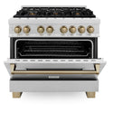 ZLINE Autograph Edition 36 in. 4.6 cu. ft. Legacy Dual Fuel Range with 6 Burner Gas Cooktop and Electric Convection Oven in Satin Stainless Steel and Champagne Bronze Accents, Open Box-Good Condition