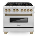 ZLINE Autograph Edition 36 in. 4.6 cu. ft. Legacy Dual Fuel Range with 6 Burner Gas Cooktop and Electric Convection Oven in Satin Stainless Steel and Champagne Bronze Accents, Open Box-Good Condition