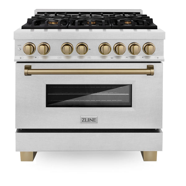 ZLINE Autograph Edition 36 in. 4.6 cu. ft. Legacy Dual Fuel Range with 6 Burner Gas Cooktop and Electric Convection Oven in Satin Stainless Steel and Champagne Bronze Accents, Open Box-Good Condition
