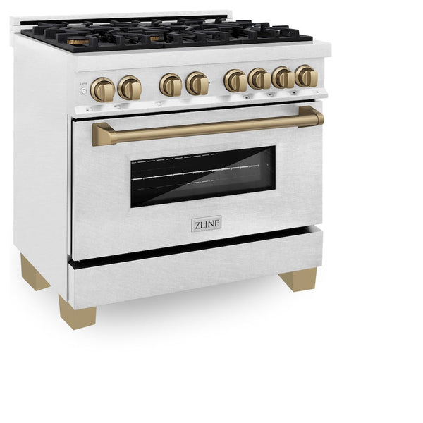 ZLINE Autograph Edition 36 in. 4.6 cu. ft. Legacy Dual Fuel Range with 6 Burner Gas Cooktop and Electric Convection Oven in Satin Stainless Steel and Champagne Bronze Accents, Open Box-Good Condition