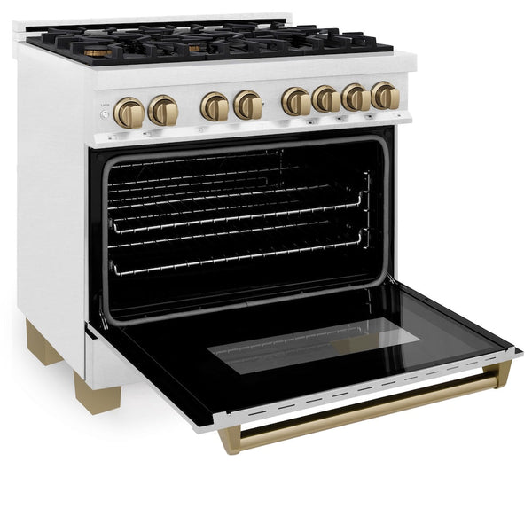 ZLINE Autograph Edition 36 in. 4.6 cu. ft. Legacy Dual Fuel Range with 6 Burner Gas Cooktop and Electric Convection Oven in Satin Stainless Steel and Champagne Bronze Accents, Open Box-Good Condition