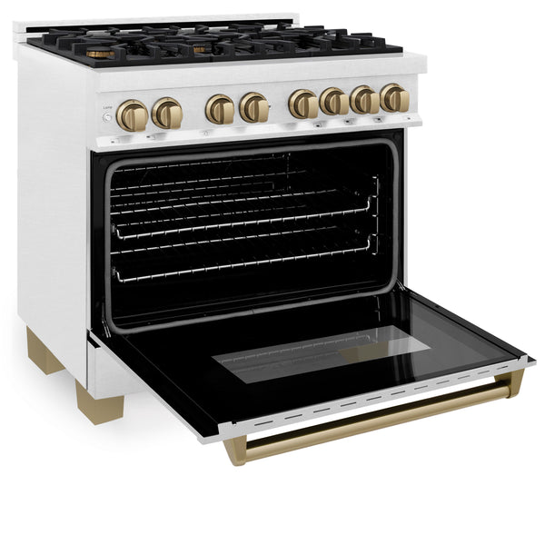 ZLINE Autograph Edition 36 in. 4.6 cu. ft. Legacy Dual Fuel Range with 6 Burner Gas Cooktop and Electric Convection Oven in Satin Stainless Steel and Champagne Bronze Accents (RASZ-SN-36-CB)