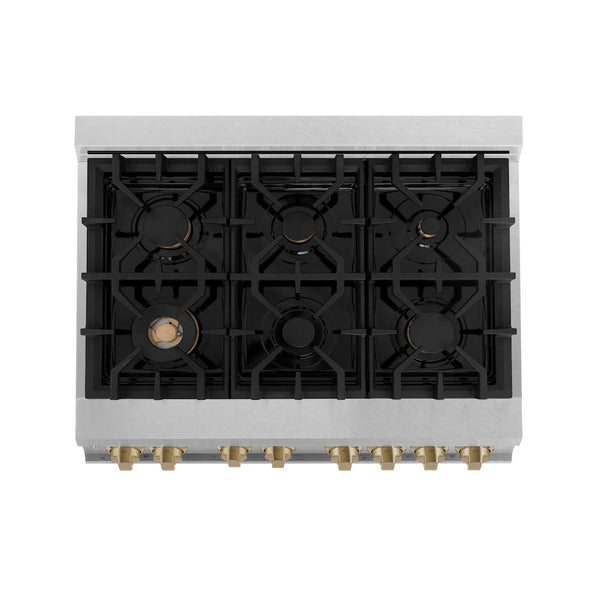 ZLINE Autograph Edition 36 in. 4.6 cu. ft. Legacy Dual Fuel Range with 6 Burner Gas Cooktop and Electric Convection Oven in Satin Stainless Steel and Champagne Bronze Accents, Open Box-Good Condition