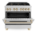 ZLINE Autograph Edition 36 in. 4.6 cu. ft. Legacy Dual Fuel Range with 6 Burner Gas Cooktop and Electric Convection Oven in Satin Stainless Steel and Polished Gold Accents, Open Box-Good Condition