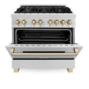 ZLINE Autograph Edition 36 in. 4.6 cu. ft. Legacy Dual Fuel Range with 6 Burner Gas Cooktop and Electric Convection Oven in Satin Stainless Steel and Polished Gold Accents, Open Box-Great Condition