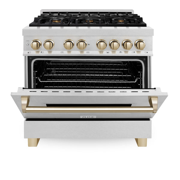 ZLINE Autograph Edition 36 in. 4.6 cu. ft. Legacy Dual Fuel Range with 6 Burner Gas Cooktop and Electric Convection Oven in Satin Stainless Steel and Polished Gold Accents, Open Box-Great Condition