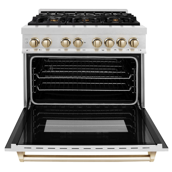 ZLINE Autograph Edition 36 in. 4.6 cu. ft. Legacy Dual Fuel Range with 6 Burner Gas Cooktop and Electric Convection Oven in Satin Stainless Steel and Polished Gold Accents, Open Box-Great Condition