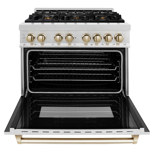 ZLINE Autograph Edition 36 in. 4.6 cu. ft. Legacy Dual Fuel Range with 6 Burner Gas Cooktop and Electric Convection Oven in Satin Stainless Steel and Polished Gold Accents, Open Box-Good Condition