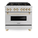ZLINE Autograph Edition 36 in. 4.6 cu. ft. Legacy Dual Fuel Range with 6 Burner Gas Cooktop and Electric Convection Oven in Satin Stainless Steel and Polished Gold Accents, Open Box-Good Condition