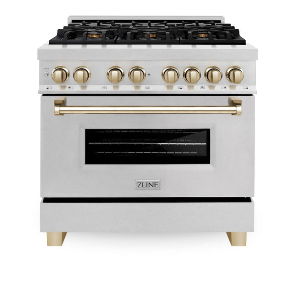 ZLINE Autograph Edition 36 in. 4.6 cu. ft. Legacy Dual Fuel Range with 6 Burner Gas Cooktop and Electric Convection Oven in Satin Stainless Steel and Polished Gold Accents, Open Box-Good Condition
