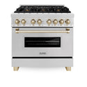ZLINE Autograph Edition 36 in. 4.6 cu. ft. Legacy Dual Fuel Range with 6 Burner Gas Cooktop and Electric Convection Oven in Satin Stainless Steel and Polished Gold Accents, Open Box-Great Condition