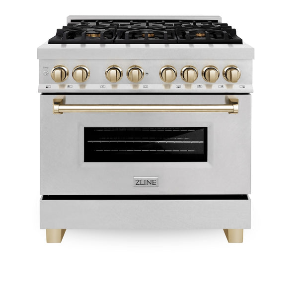 ZLINE Autograph Edition 36 in. 4.6 cu. ft. Legacy Dual Fuel Range with 6 Burner Gas Cooktop and Electric Convection Oven in Satin Stainless Steel and Polished Gold Accents, Open Box-Great Condition