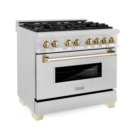 ZLINE Autograph Edition 36 in. 4.6 cu. ft. Legacy Dual Fuel Range with 6 Burner Gas Cooktop and Electric Convection Oven in Satin Stainless Steel and Polished Gold Accents, Open Box-Great Condition
