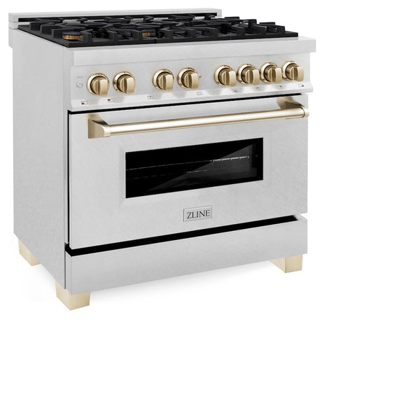 ZLINE Autograph Edition 36 in. 4.6 cu. ft. Legacy Dual Fuel Range with 6 Burner Gas Cooktop and Electric Convection Oven in Satin Stainless Steel and Polished Gold Accents, Open Box-Great Condition